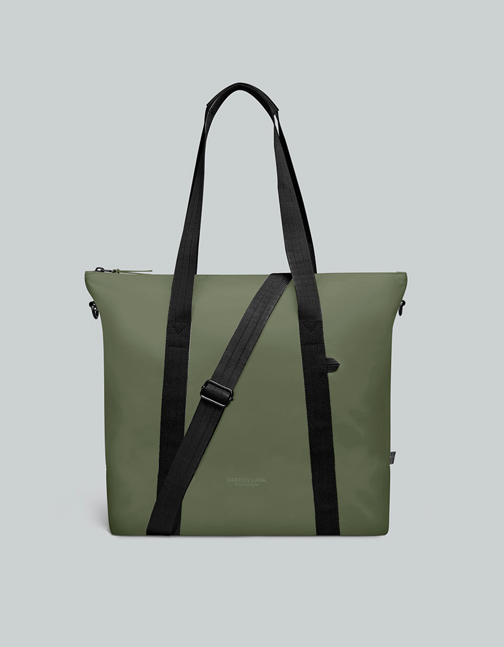 Bolso Däsh Shopper Olivo, vista frontal con asas y correa